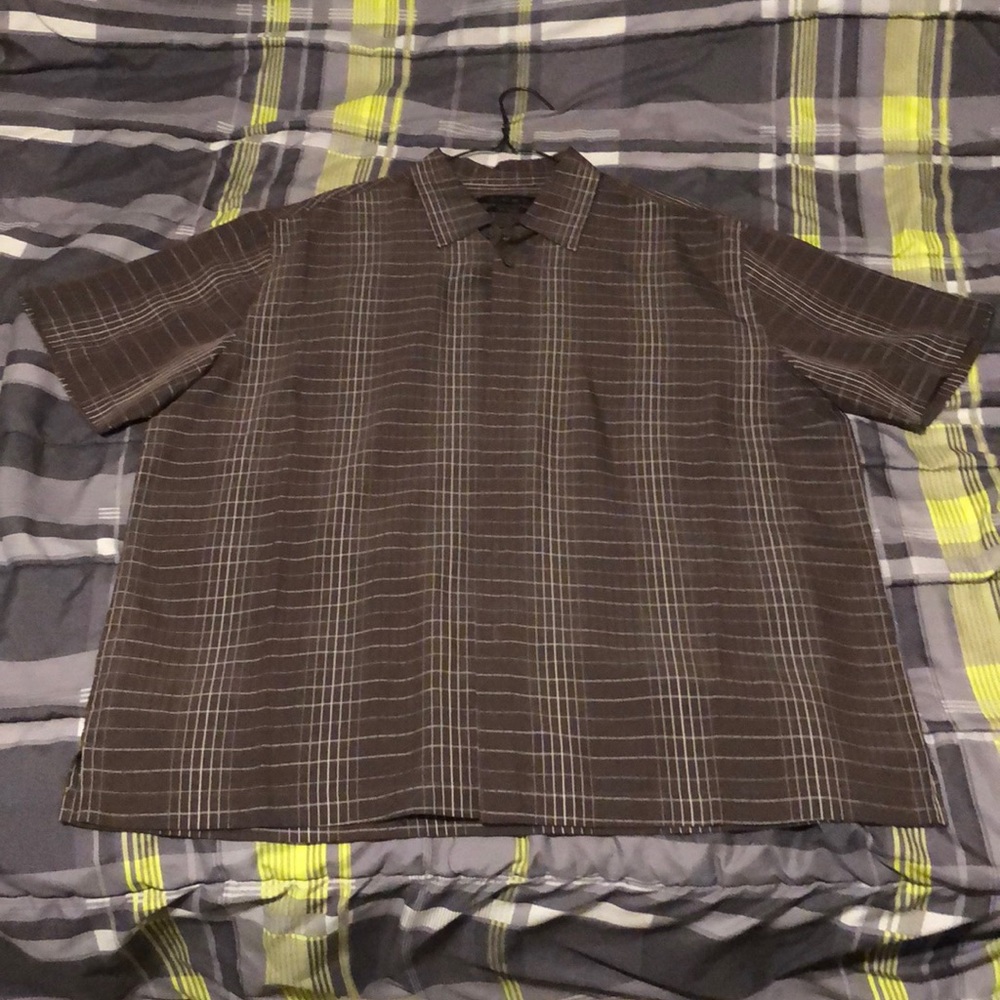 Brown and white striped button up dress shirt